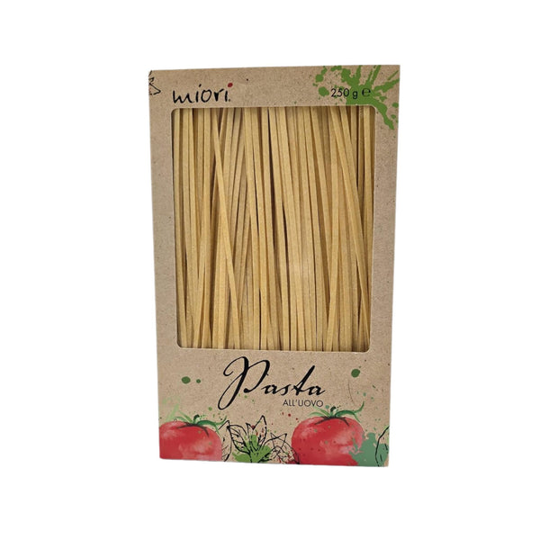 miori Tagliatelle Eiernudeln in Kraftpapier-Box mit Sichtfenster, schmale Bandnudeln erkennbar, 250 Gramm
