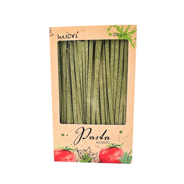 miori Verde Spinaci Spinatnudeln in Kraftpapier-Box mit Sichtfenster, grüne Bandnudeln erkennbar, 250 Gramm