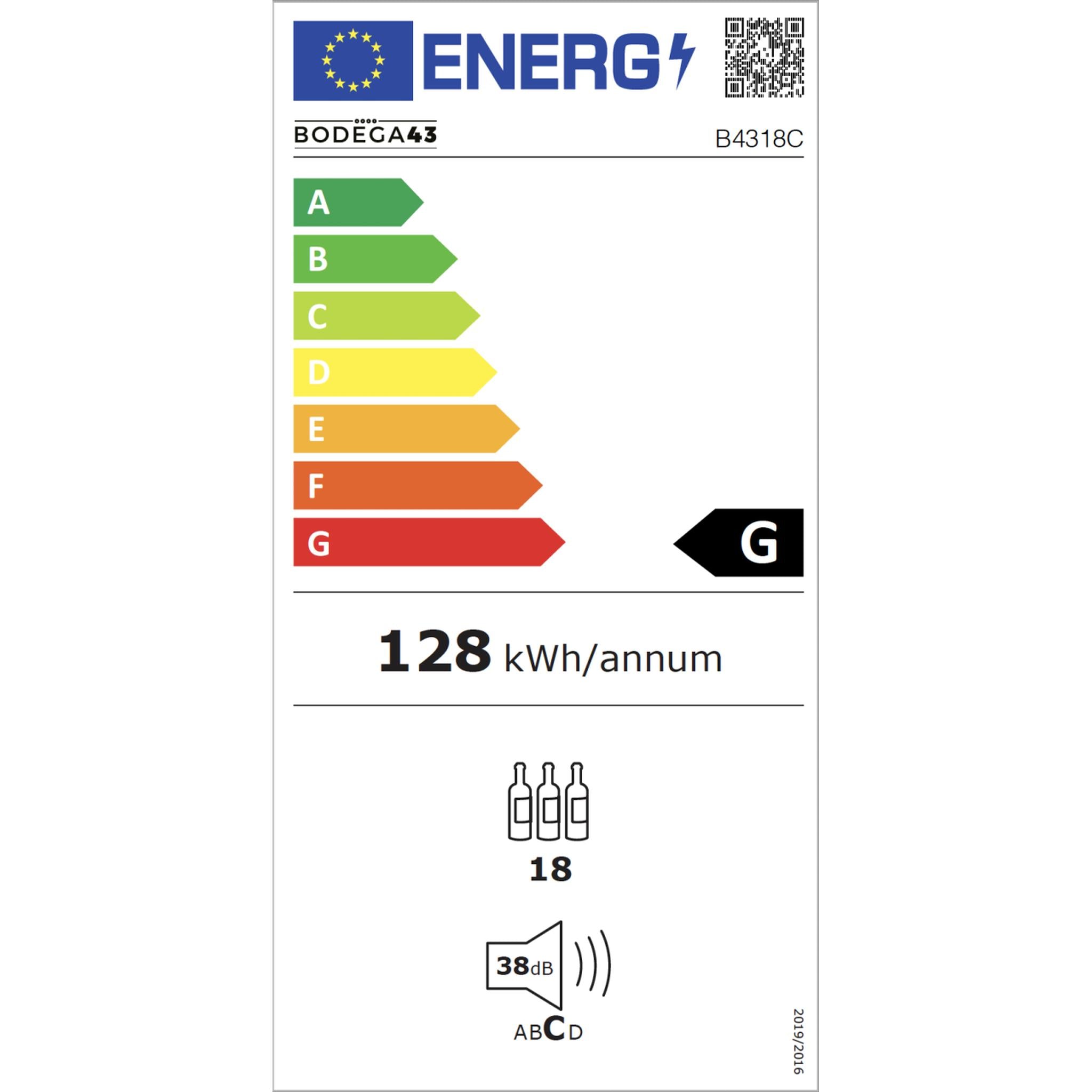 EU-Energielabel für BODEGA43 Modell B4318C Weinklimaschrank: Energieeffizienzklasse G, 128 kWh pro Jahr, Kapazität 18 Flaschen, Geräuschemission 38 dB(A)