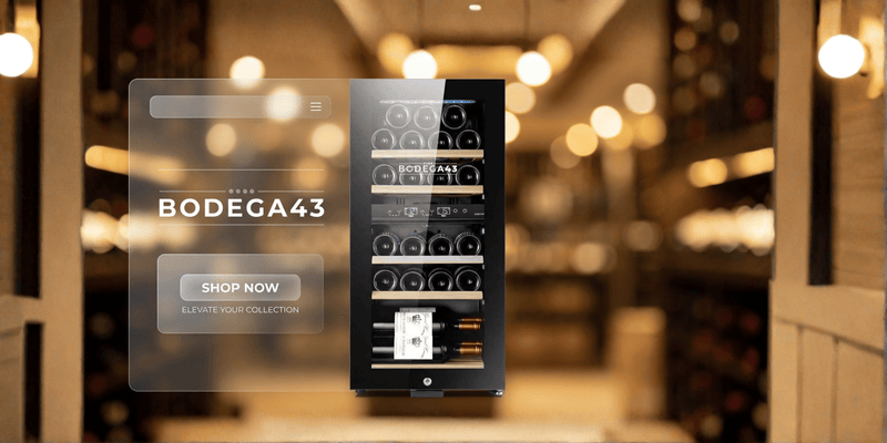 Bodega43 Weinkühlschrank mit offener Glastür und beleuchteten Weinfächern