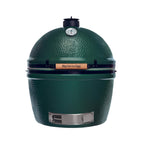 Big Green Egg 2XL Keramikgrill in Grün geschlossen, Frontansicht mit Holzgriff, Thermometer und Edelstahl-Luftregler.