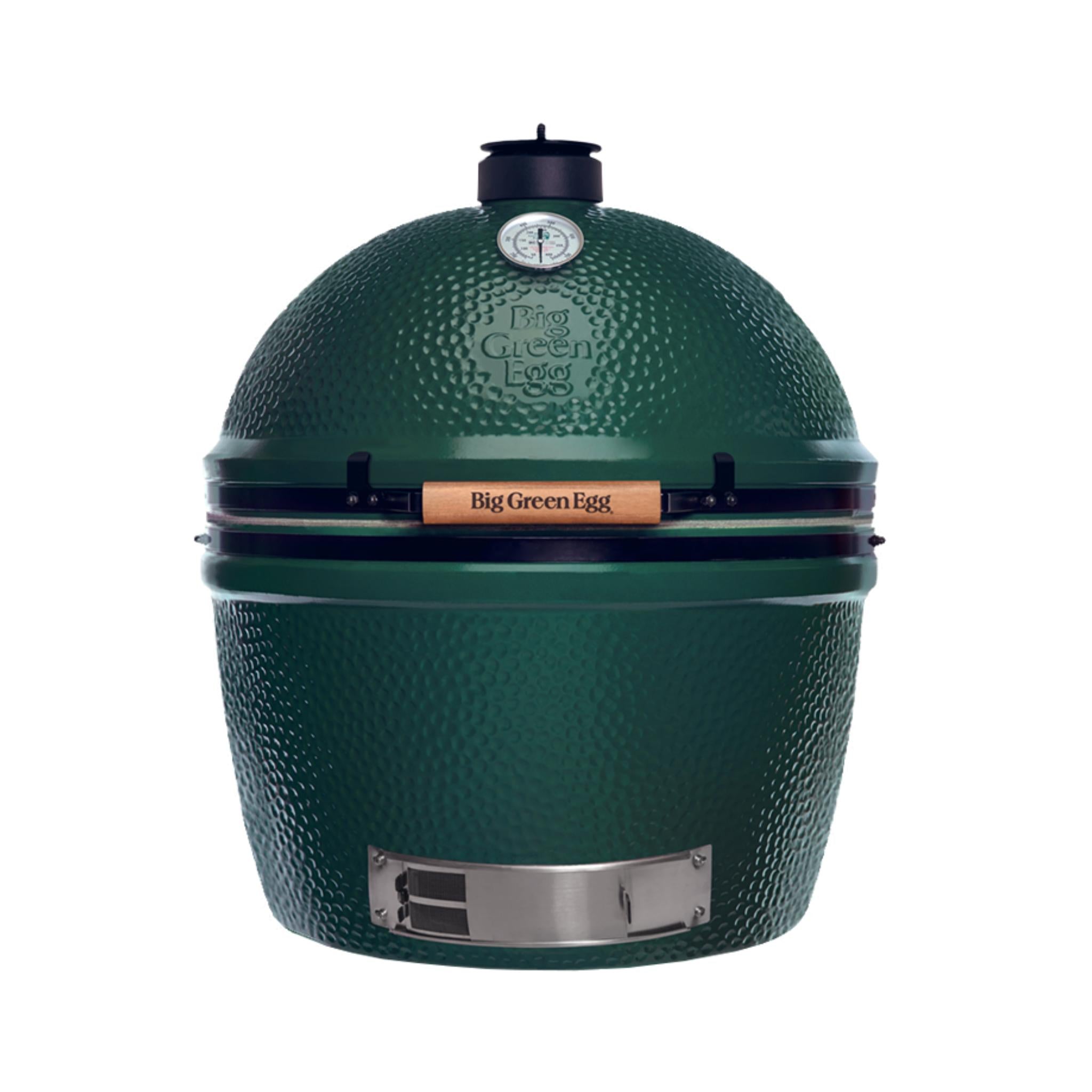 Big Green Egg 2XL Keramikgrill in Grün geschlossen, Frontansicht mit Holzgriff, Thermometer und Edelstahl-Luftregler.
