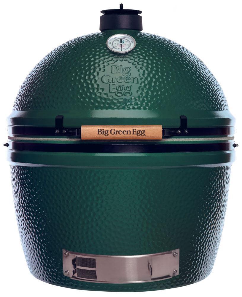 Geschlossener Big Green Egg 2XL Keramikgrill in Grün mit Deckelthermometer und Edelstahl-Luftschieber, Frontansicht.