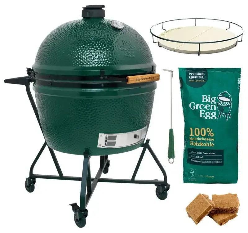 Big Green Egg 2XL Starterset mit Keramikgrill im fahrbaren Nest, convEGGtor, Holzkohle, Anzündern und Roststeber.