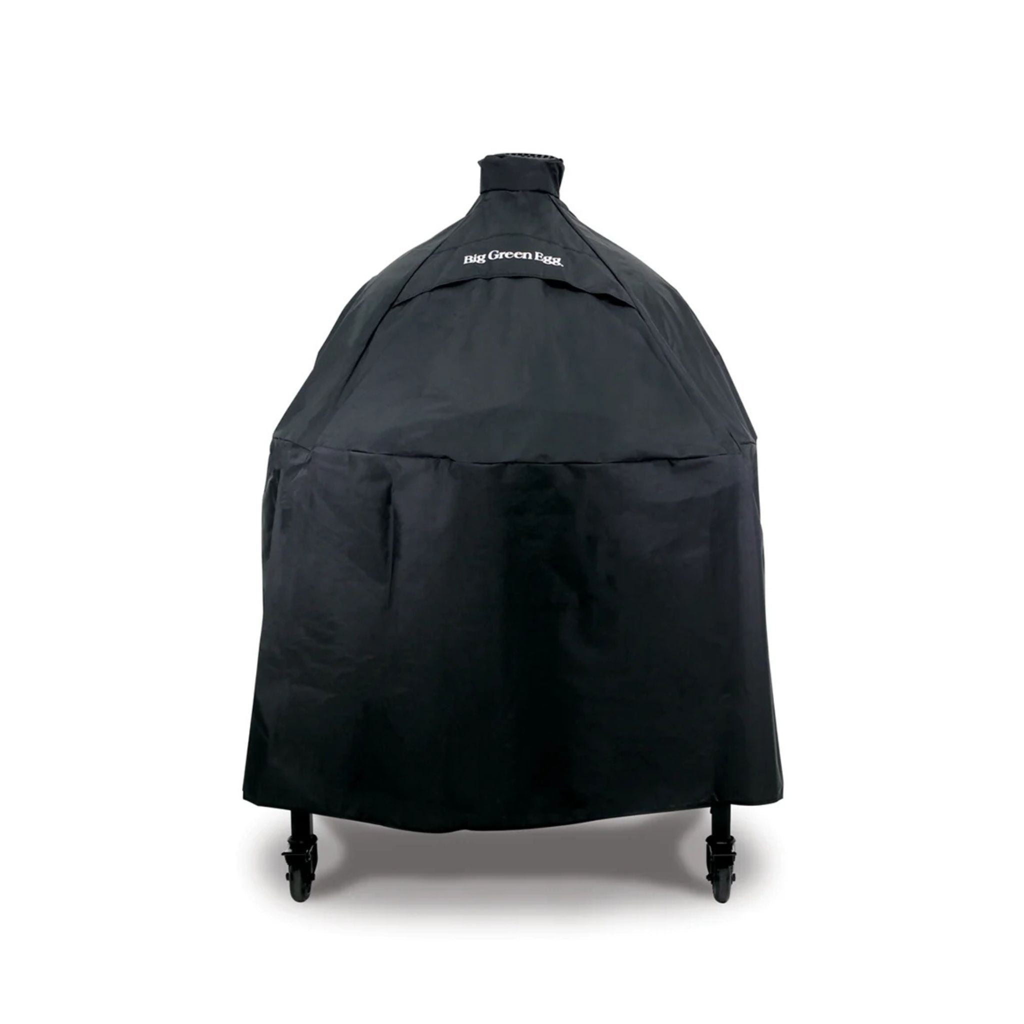 Schwarze Big Green Egg Abdeckhaube Frame für 2XL und L über einem fahrbaren Nest, Frontansicht mit Logo.