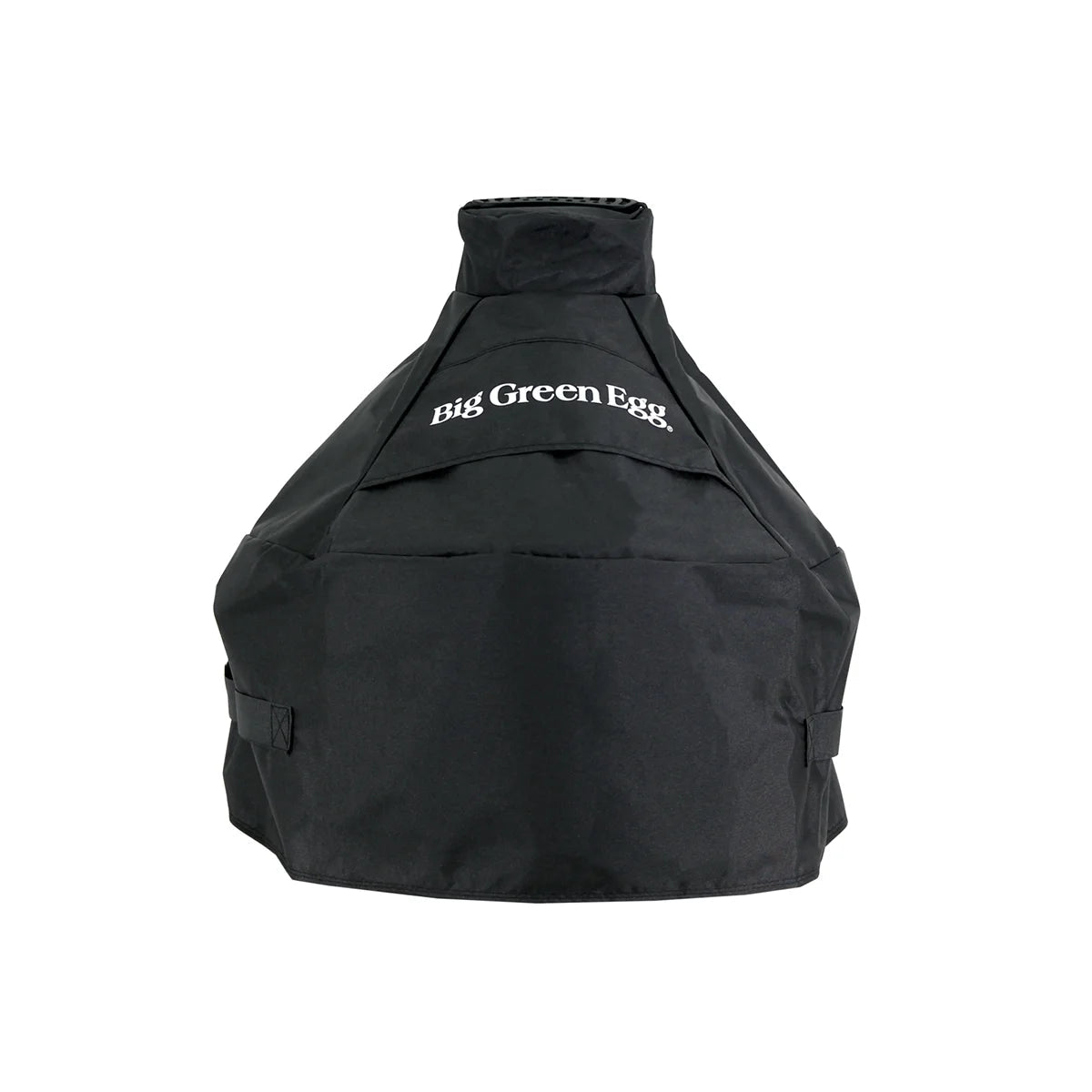Schwarze Big Green Egg Schutzhaube für MiniMax und Mini mit Tragegriffen und weißem Markenlogo.