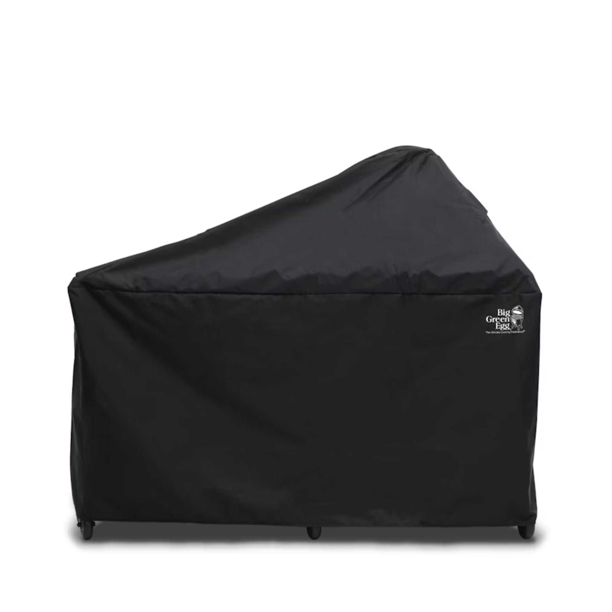 Schwarze wetterfeste Big Green Egg Abdeckhaube über einem Tisch-Aufbau, Seitenansicht mit Logo.