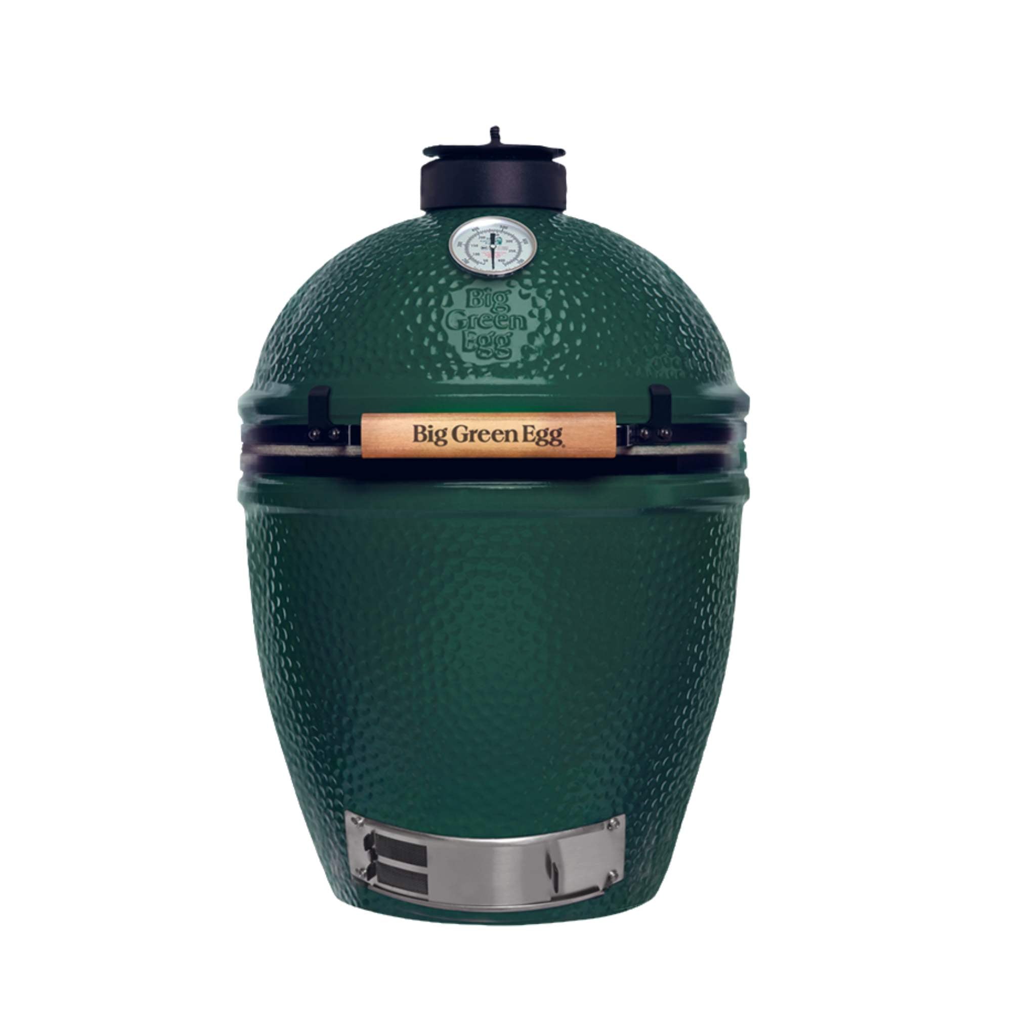Big Green Egg Large Keramikgrill in Grün geschlossen mit Thermometer und Holzgriff, freigestellt.