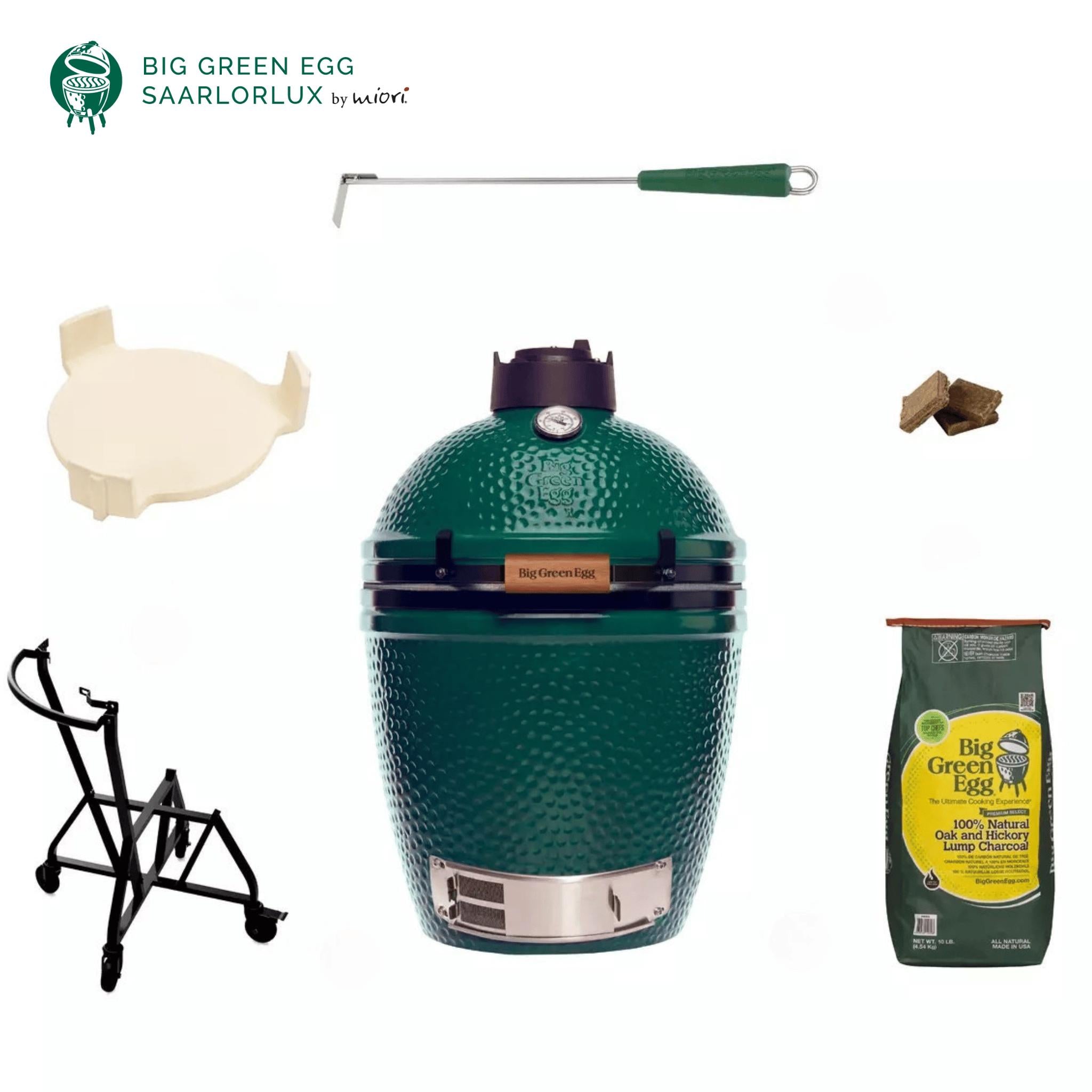 Big Green Egg Large Starterset mit Grill, Nest, convEGGtor, Holzkohle, Anzündern und Roststeber, Logo by miori.