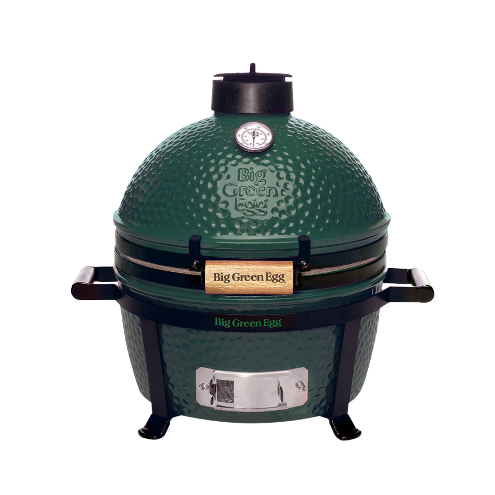 Big Green Egg MiniMax im Carrier-Tragerahmen mit Thermometer in Frontansicht