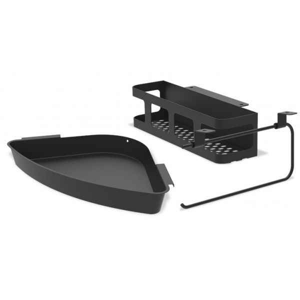 Dreiteiliges Zubehörset für den modularen Big Green Egg Arbeitsplatz: schwarze Ablageschale, Halter und Handtuchstange.