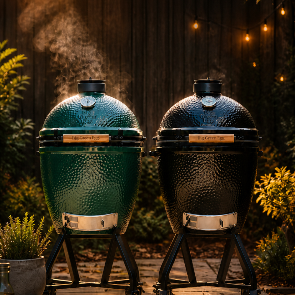 Big Green Egg The Onyx Large in Schwarz neben einem grünen Egg im Nest, aufsteigender Rauch und Lichterkette am Abend.