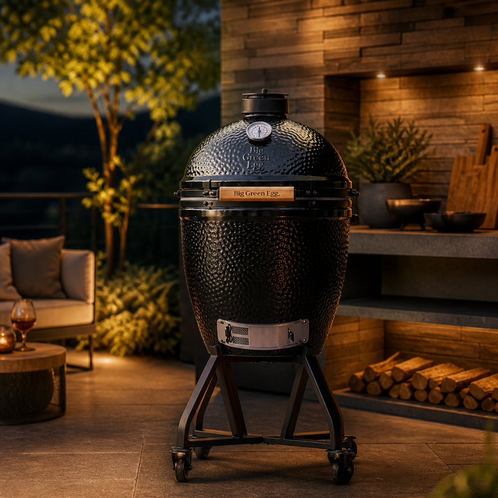 Schwarzer Big Green Egg The Onyx Large im Nest auf einer Terrasse am Abend, Lounge und Holzwand im Hintergrund.