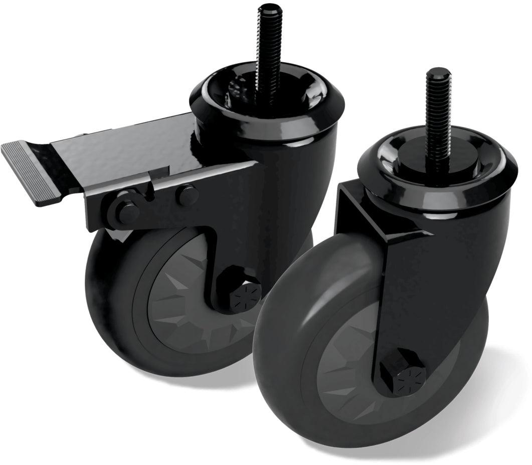 Set aus zwei schwarzen Schwenkrollen mit Bremse und Gewinde für Big Green Egg