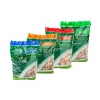 Vier Beutel Big Green Egg Smoking Chips: Hickory, Pecan, Cherry und Apple nebeneinander
