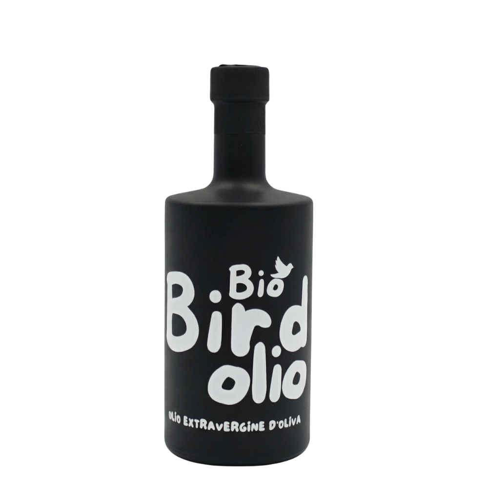 Bio Birdolio Olivenölflasche frontal freigestellt, mattschwarz mit weißer Schrift Olio Extravergine d'Oliva