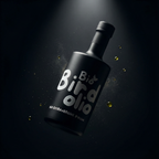 Schwarze Bio Birdolio Olivenölflasche schwebend vor schwarzem Hintergrund mit goldenen Öltropfen