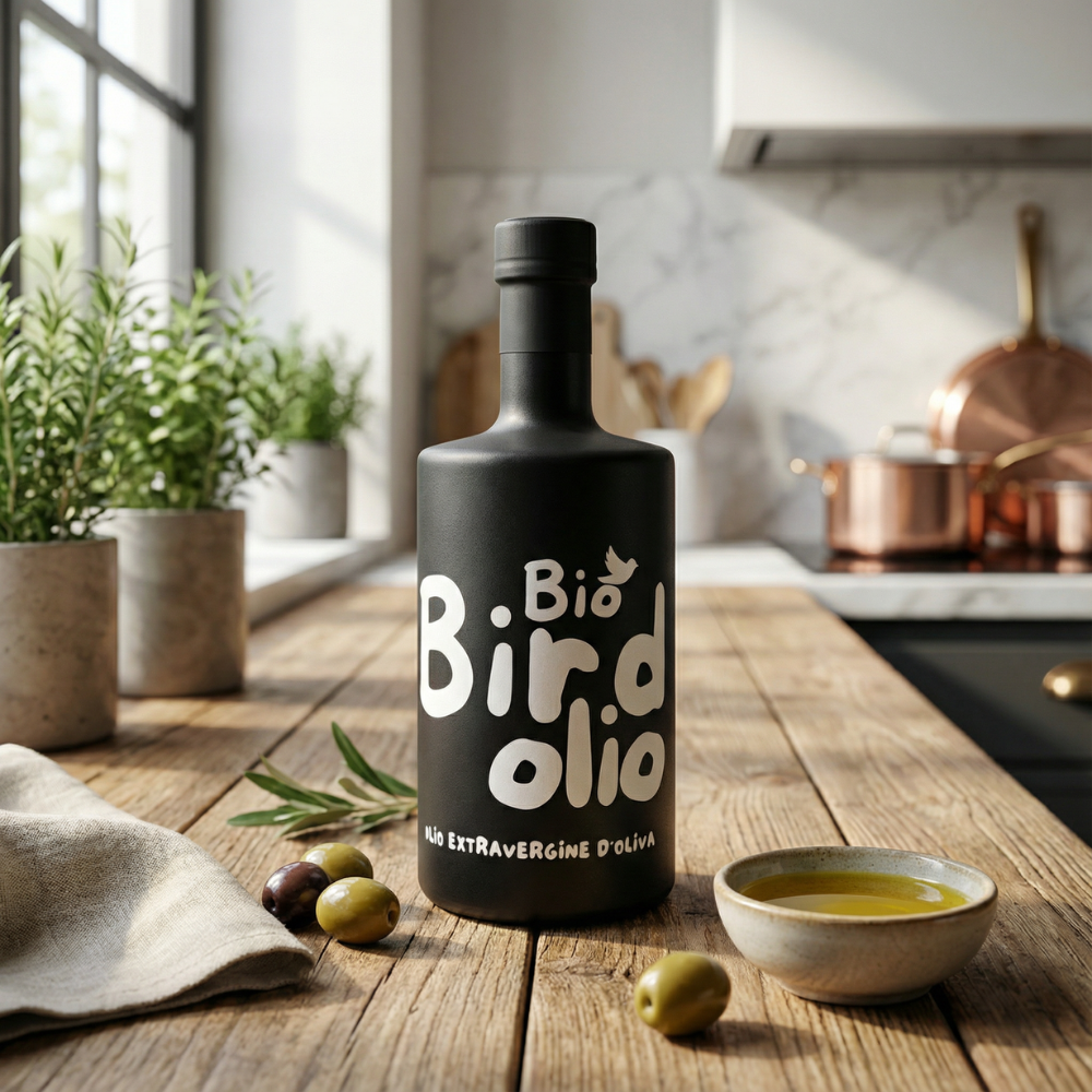 Bio Birdolio Olivenölflasche auf Holztisch, daneben Schälchen mit Olivenöl und Oliven, im Hintergrund Kupfertöpfe