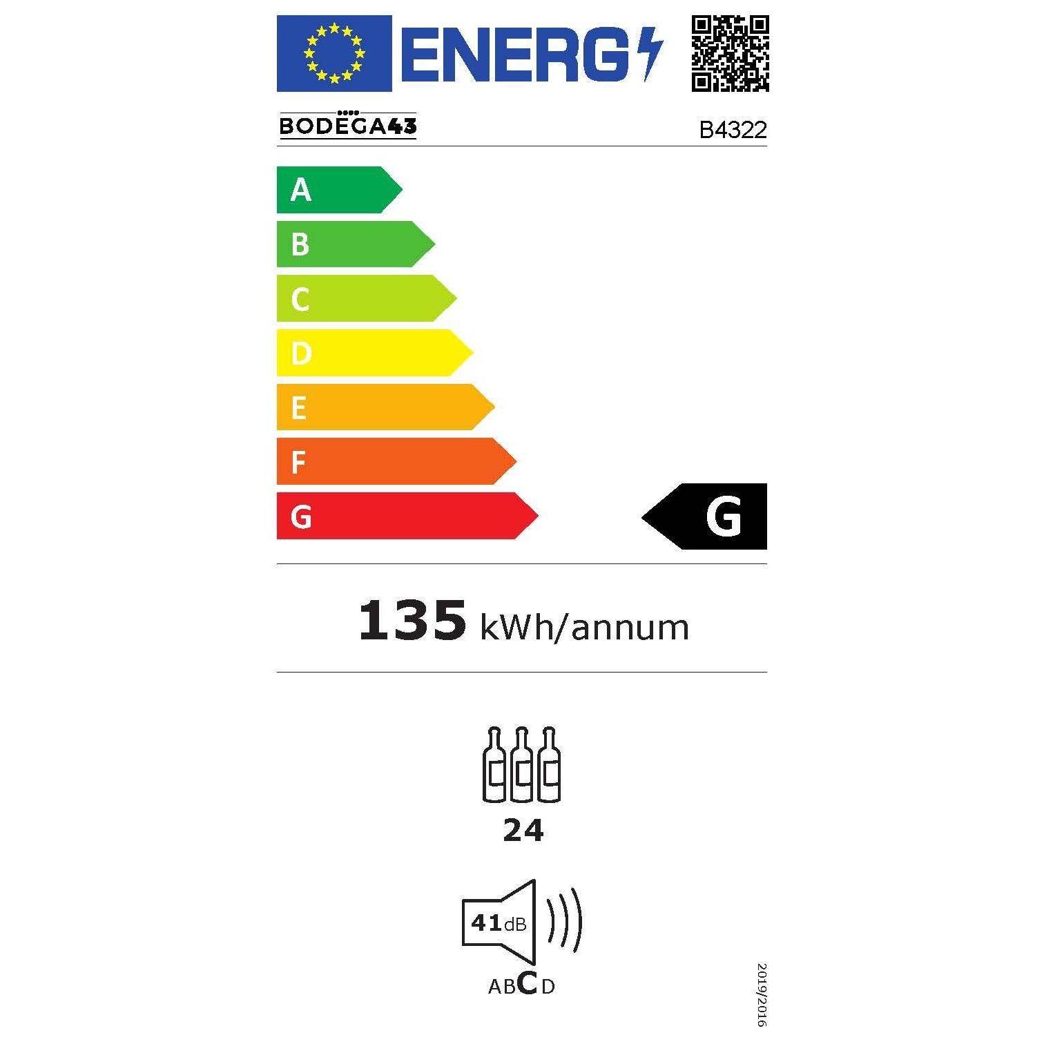 EU-Energielabel Bodega 43 B4322, Effizienzklasse G, 135 kWh pro Jahr, 24 Flaschen, 41 dB