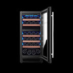 Bodega 43 Weinklimaschrank B4328R geöffnet, beide Zonen voll mit liegenden Weinflaschen, blaue LED
