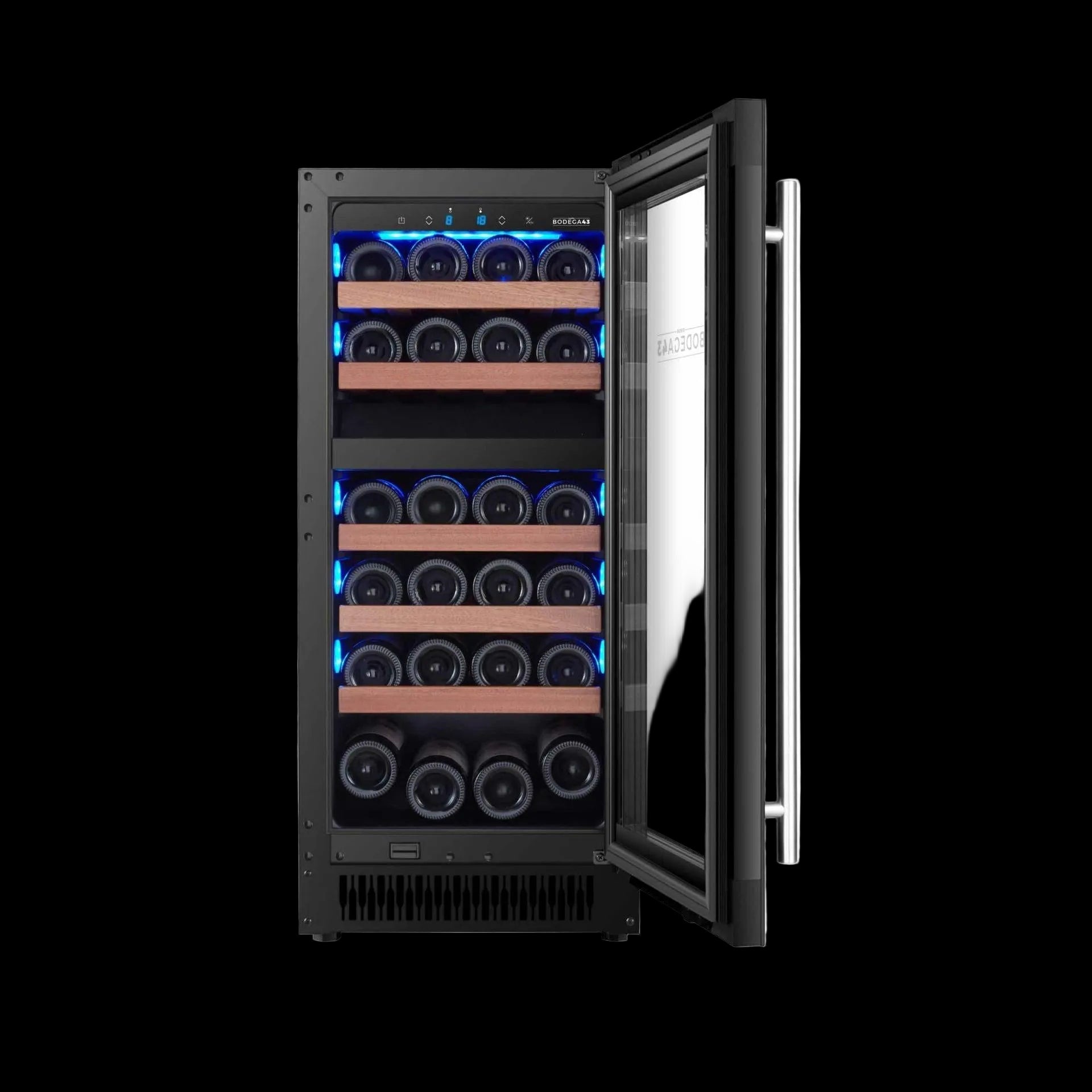 Bodega 43 Weinklimaschrank B4328R geöffnet, beide Zonen voll mit liegenden Weinflaschen, blaue LED