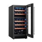 Bodega 43 Weinklimaschrank B4328R geöffnet, voll mit Weinflaschen auf Holzregalen, zwei Zonen, blaue LED