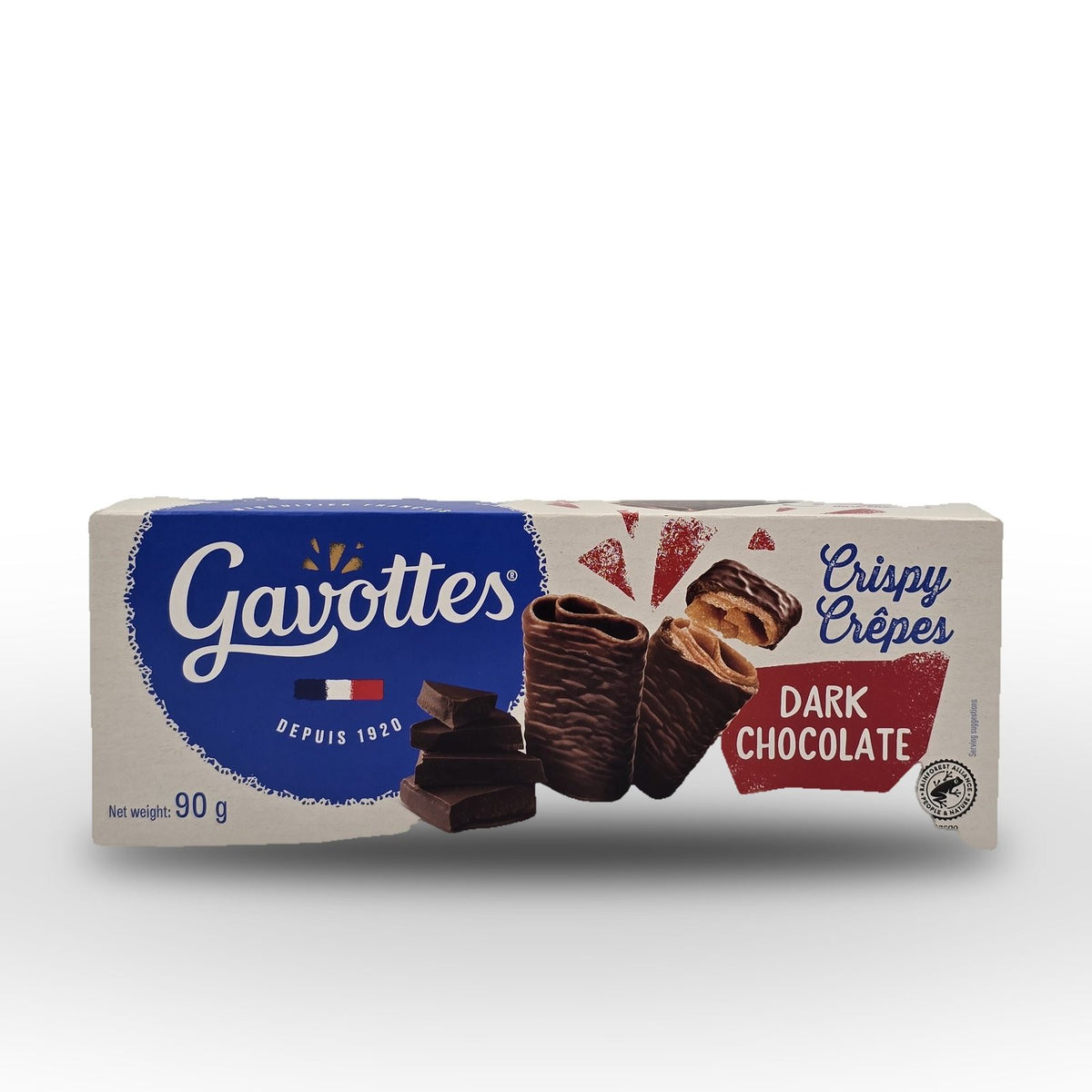 Gavottes Crispy Crêpes Dark Chocolate Packung in Blau, Rot und Creme auf weißem Hintergrund