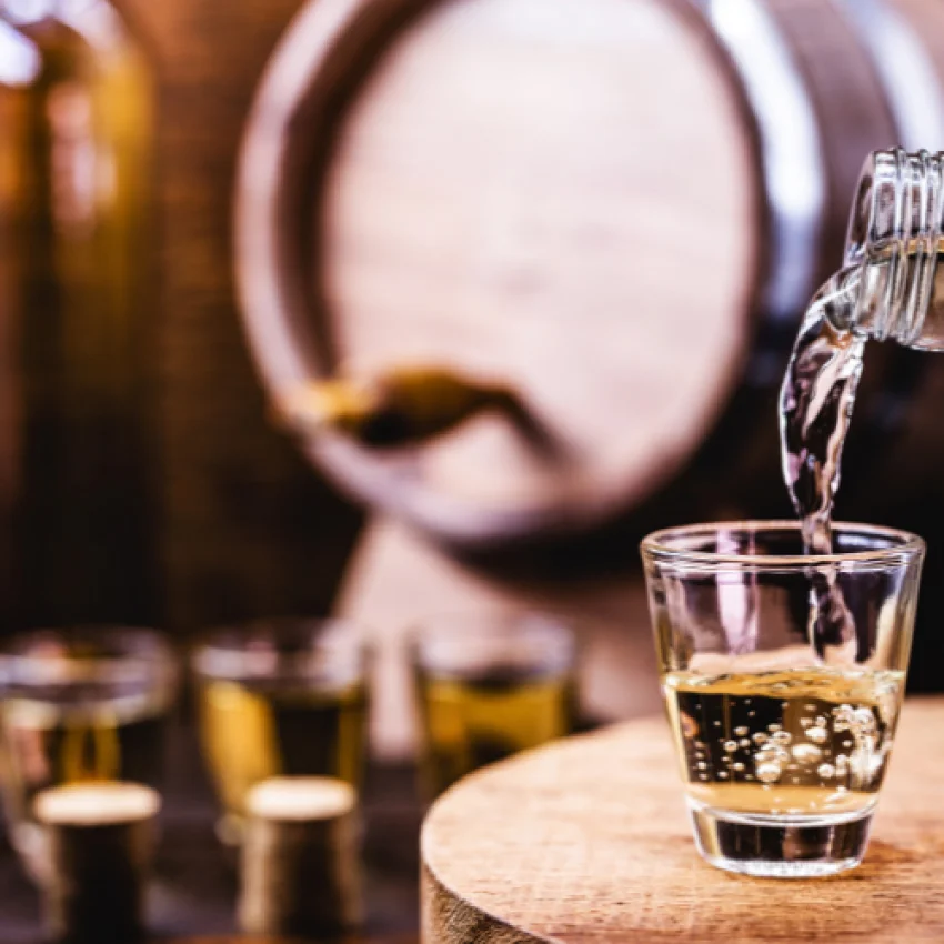 Elegante Destillat- und Grappa-Flaschen in miori Spirituosen-Regal mit warmem Licht - handgefertigte Premium-Destillate