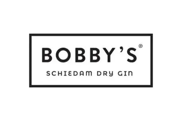 Bobby's Schiedam Dry Gin Logo mit traditionellem indonesischem Ikat-Webmuster und Markenname in klassischer Typografie