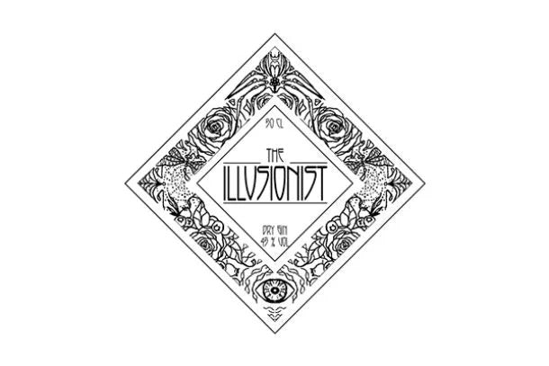 The Illusionist Dry Gin Logo mit magischem Design-Element und eleganter Schrift auf schwarzem Hintergrund