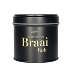 South African Braai Rub Dose frontal freigestellt, mattschwarz mit goldener Schrift und silbernem Deckelrand