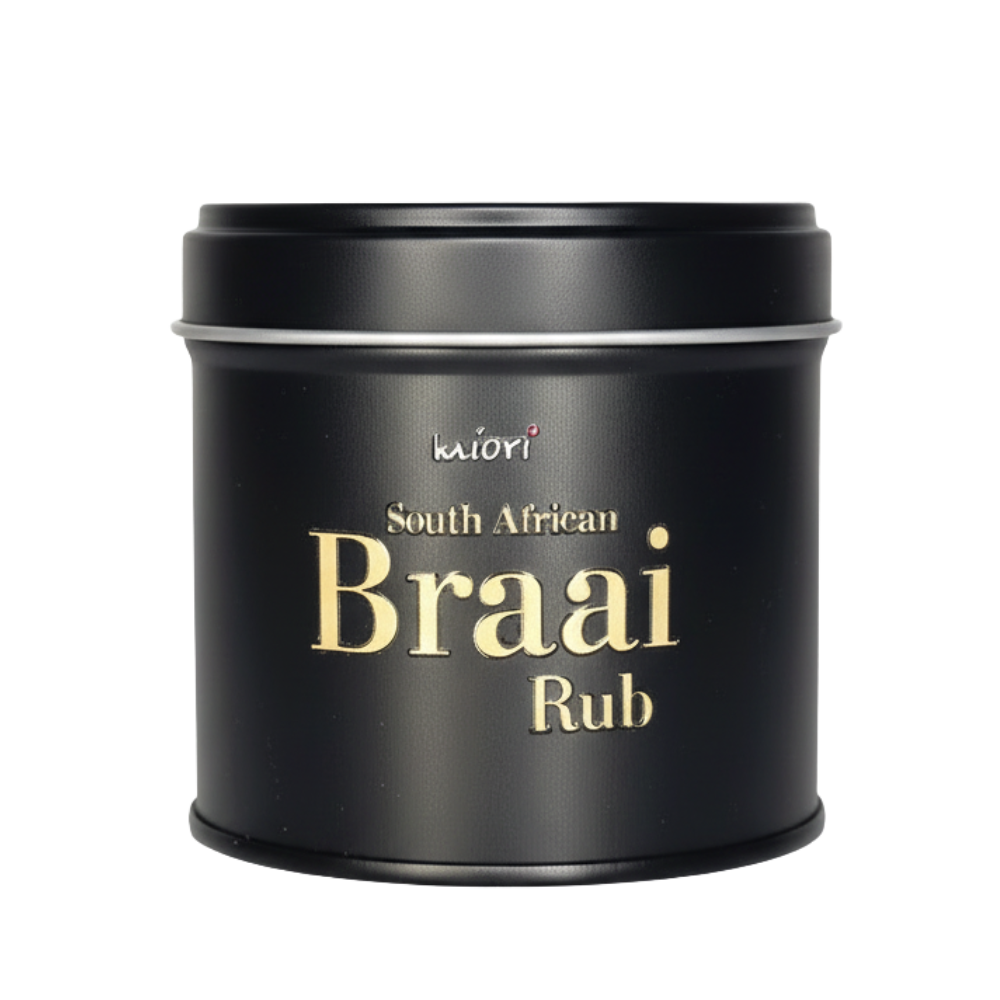 South African Braai Rub Dose frontal freigestellt, mattschwarz mit goldener Schrift und silbernem Deckelrand
