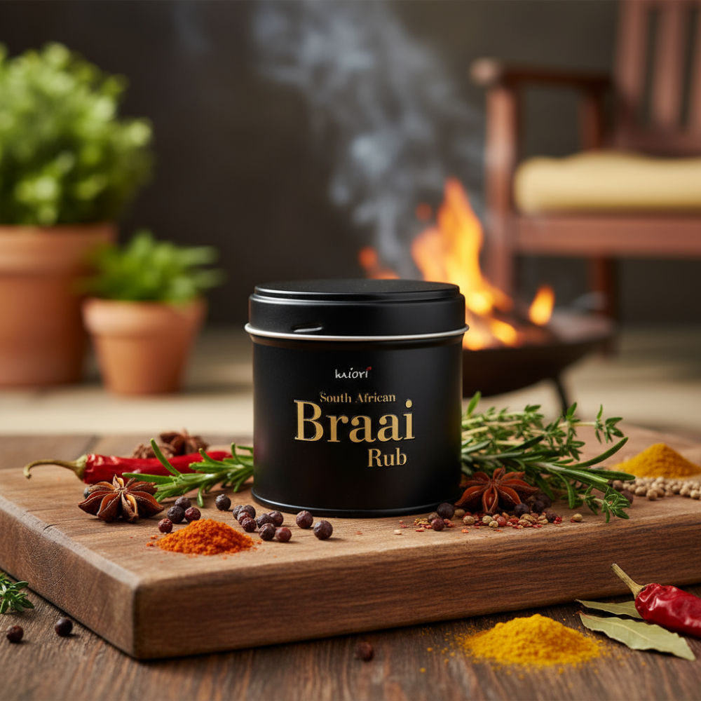 South African Braai Rub Dose auf Holzbrett vor Grillfeuer, umringt von Chili, Pfeffer, Rosmarin und Currypulver