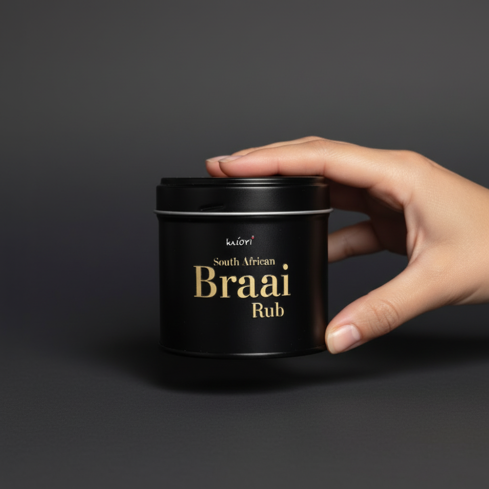 Hand hält South African Braai Rub Dose vor grauem Hintergrund