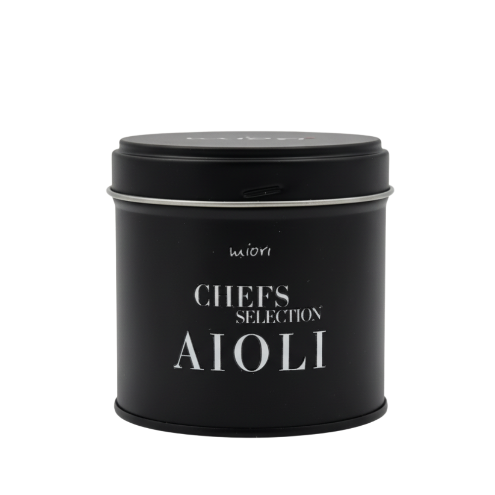 miori Chefs Selection Aioli Gewürzdose frontal vor weißem Hintergrund, mattschwarz mit silbernem Deckelrand