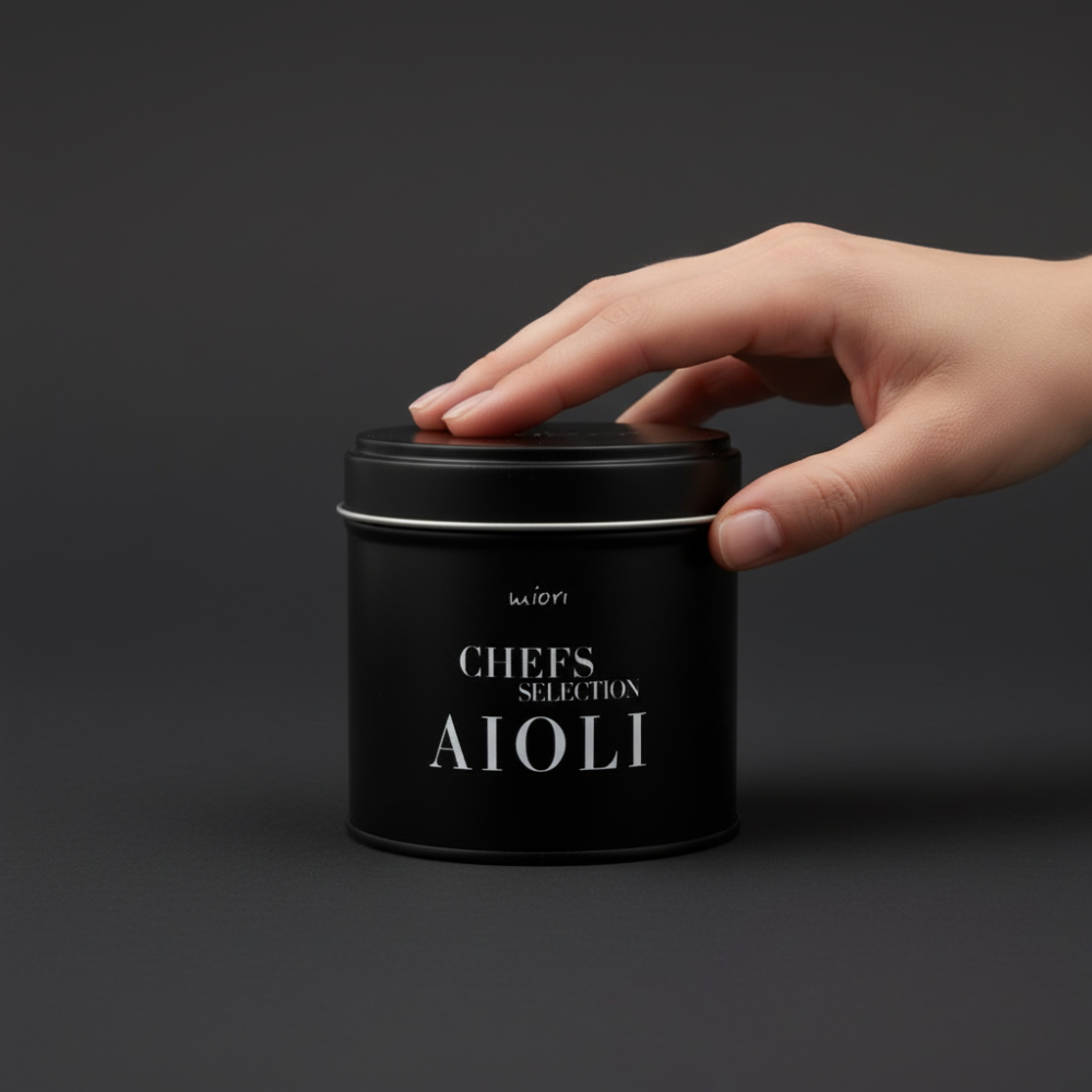 Hand greift nach miori Aioli Dose vor grauem Hintergrund, zeigt die kompakte Größe der Gewürzmischung