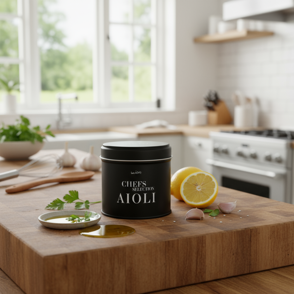 miori Aioli Dose auf Holzbrett in heller Küche, daneben halbe Zitrone, Knoblauch und Olivenöl im Schälchen