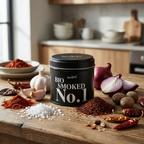 Bio Smoked No. 1 Dose auf Holztisch, daneben Paprikapulver, Knoblauch, rote Zwiebel, Chilischoten und grobes Salz