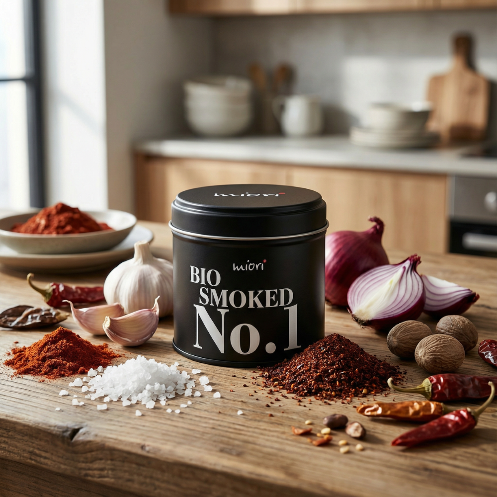 Bio Smoked No. 1 Dose auf Holztisch, daneben Paprikapulver, Knoblauch, rote Zwiebel, Chilischoten und grobes Salz