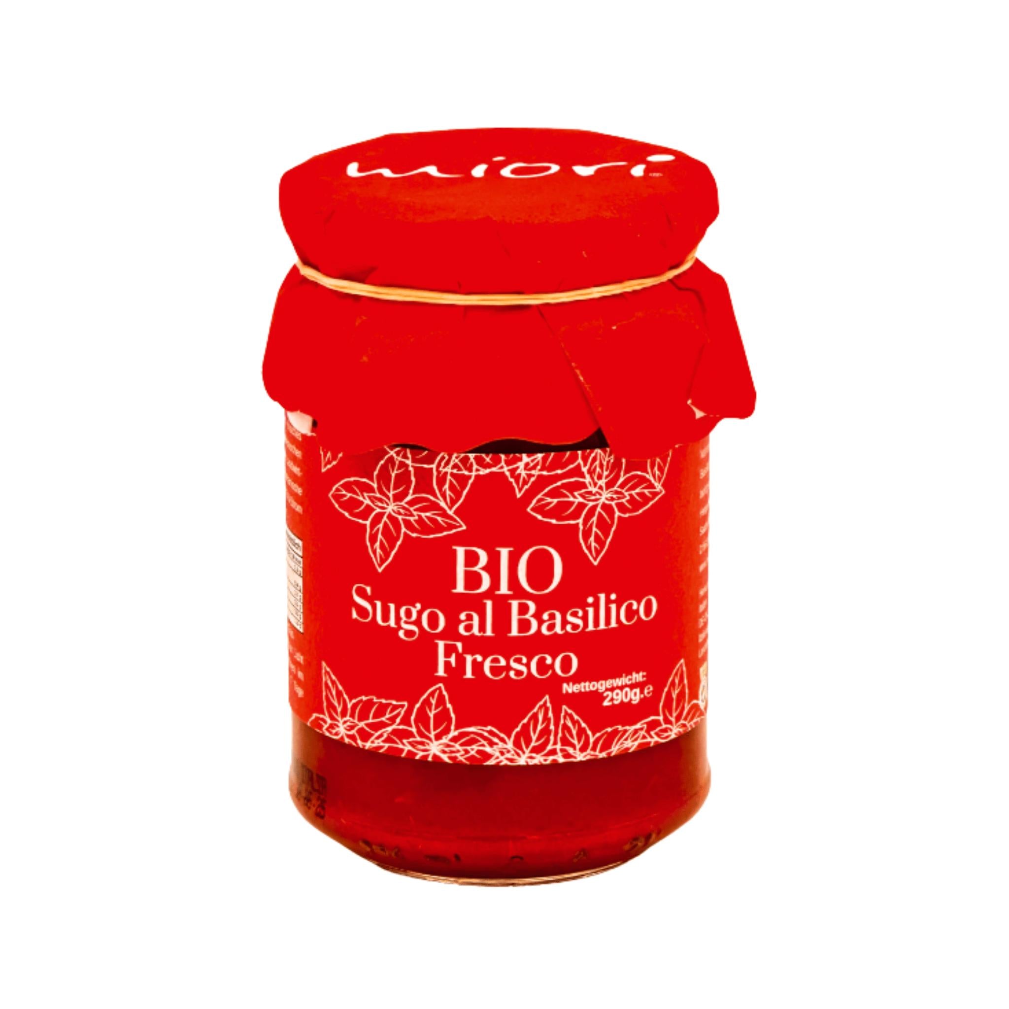 miori Bio Sugo al Basilico Fresco im Glas mit rotem Papierdeckel und Basilikum-Etikett, 290 Gramm