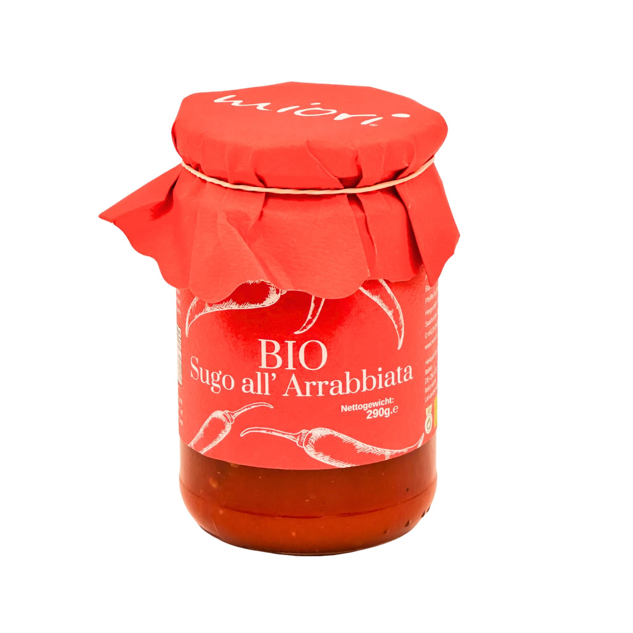 miori Bio Sugo all'Arrabbiata im Glas mit rotem Papierdeckel, Etikett mit Chilischoten-Zeichnung, 290 Gramm