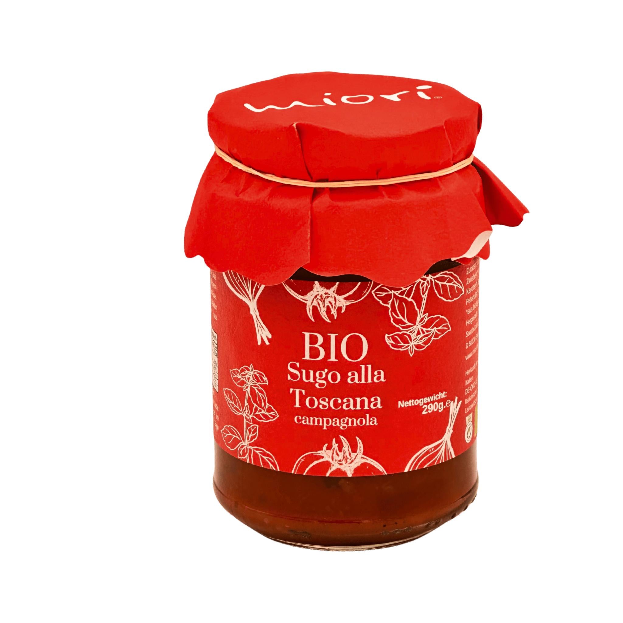 miori Bio Sugo alla Toscana Campagnola im Glas mit rotem Papierdeckel und Kräuter-Etikett, 290 Gramm
