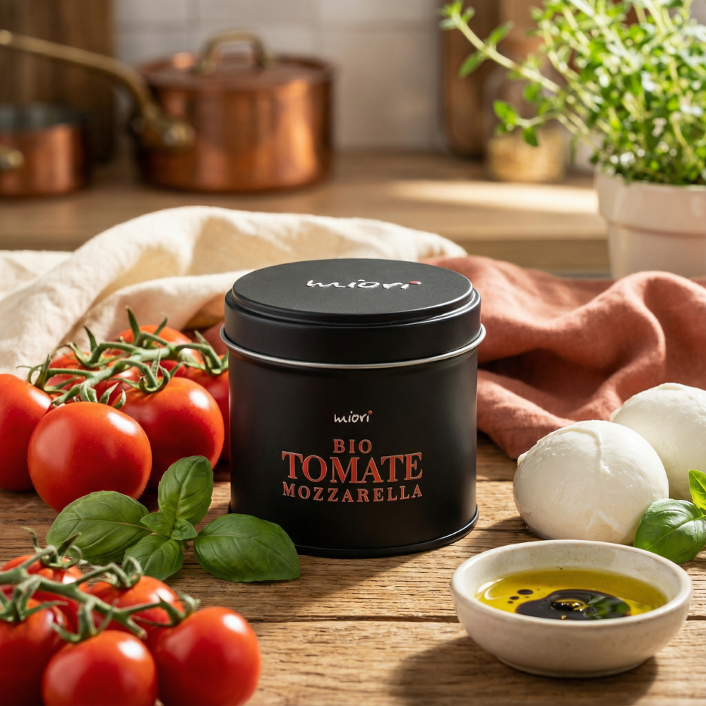 Bio Tomate Mozzarella Dose auf Holztisch, daneben Rispentomaten, Mozzarellakugeln, Basilikum und Olivenöl