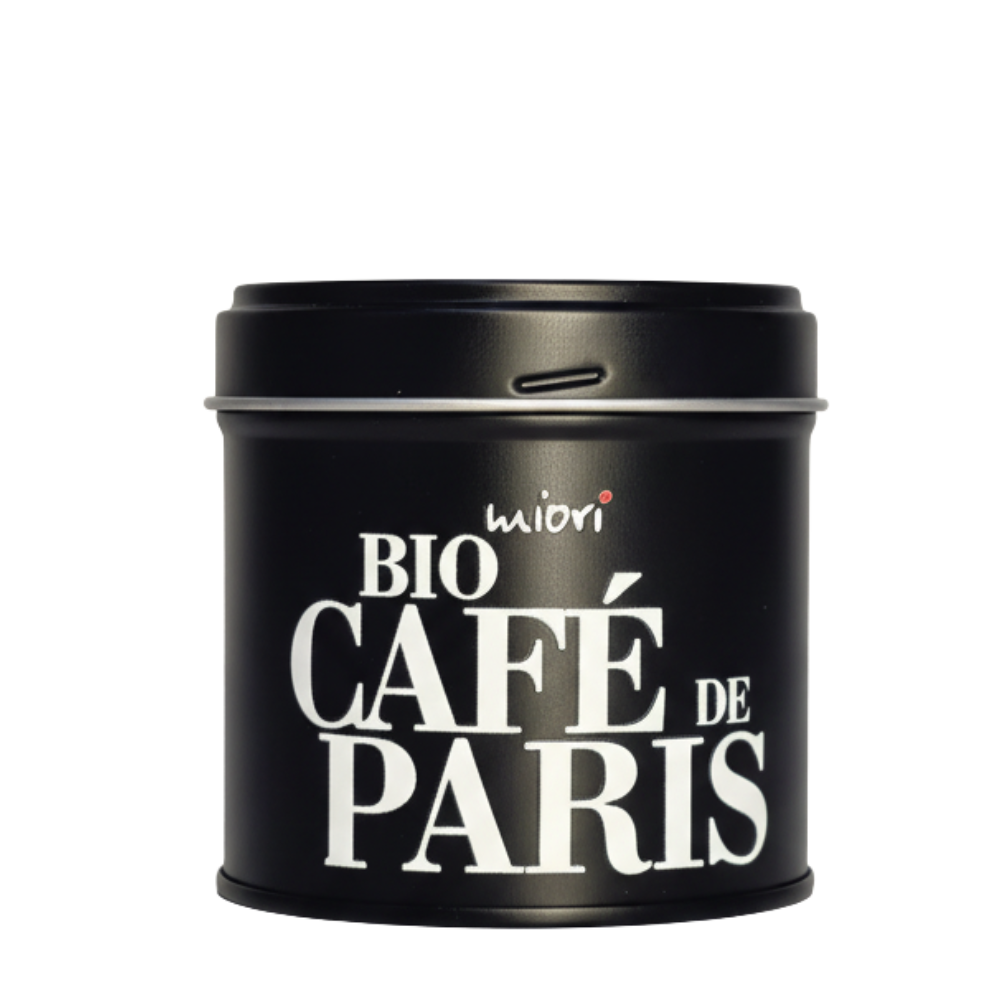 miori Bio Cafe de Paris Dose frontal freigestellt, mattschwarz mit weißer Schrift und rotem i-Punkt