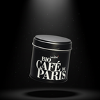 Schwarze miori Bio Cafe de Paris Dose mit ovalem Deckel, schwebend im Lichtkegel vor dunklem Hintergrund