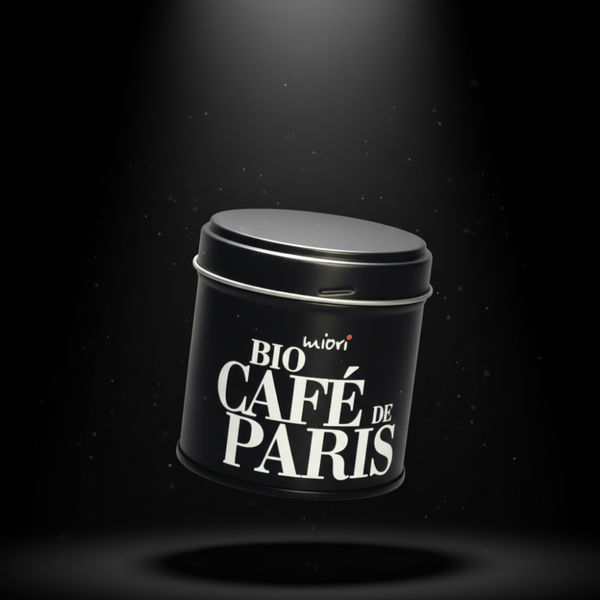 Schwarze miori Bio Cafe de Paris Dose mit ovalem Deckel, schwebend im Lichtkegel vor dunklem Hintergrund