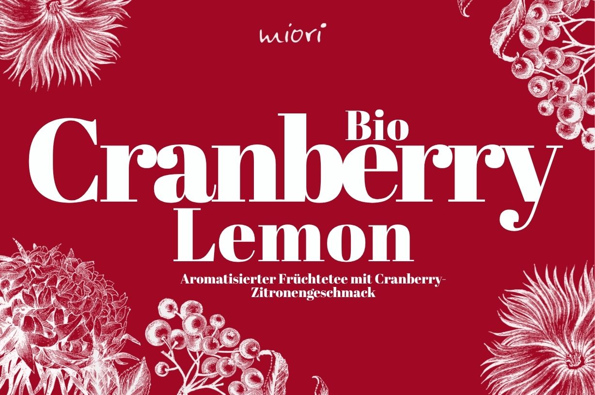 Rotes Etikettmotiv Bio Cranberry Lemon mit Beeren- und Blütenzeichnungen, Untertitel aromatisierter Früchtetee