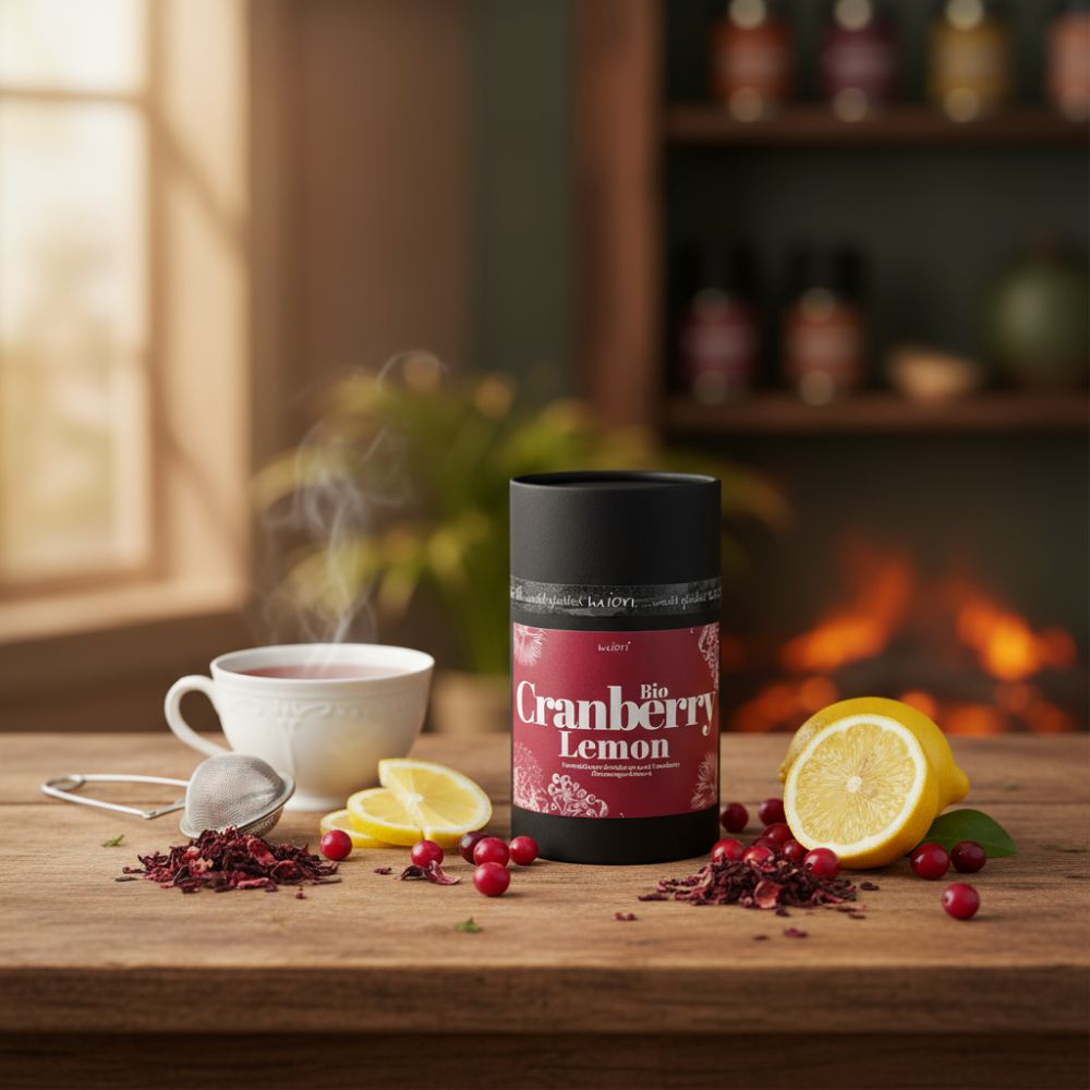 Cranberry Lemon Teedose neben dampfender Tasse, Teesieb, Zitronenscheiben und Cranberrys vor Kaminfeuer