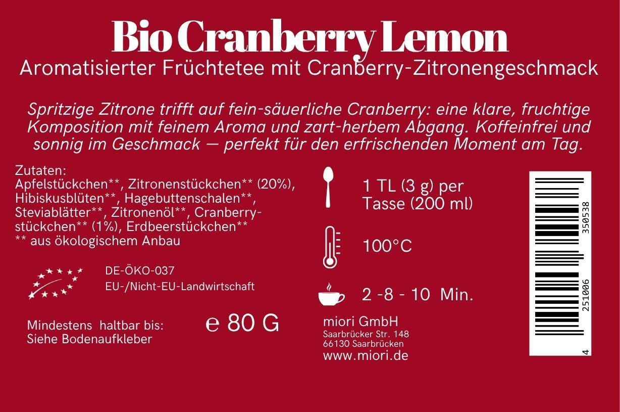 Rücketikett Bio Cranberry Lemon mit Zutatenliste, Bio-Siegel und Zubereitung 100 Grad 8 bis 10 Minuten