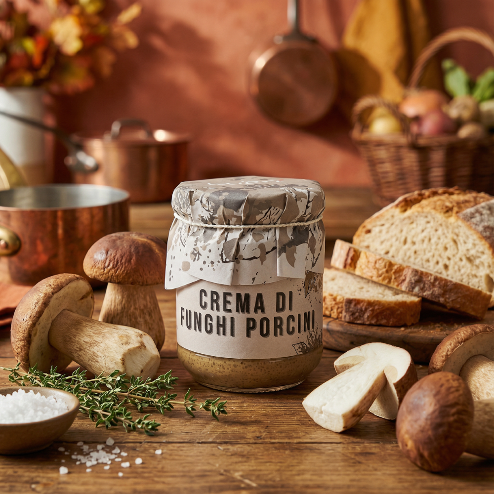Crema di Funghi Porcini Glas auf Holztisch, daneben Steinpilze, Brotscheiben, Thymian und Salz, Herbststimmung